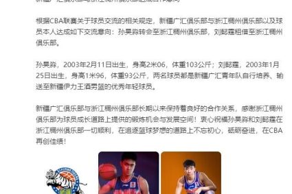 Official Xuan: Xinjiang players sun Haomiao and Liu Jiuting joined Zhejiang Liu Jiuting for loan